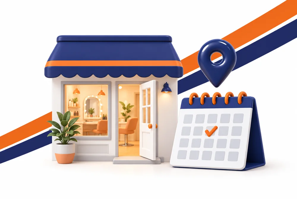 扉が開いたサロンの店先と、予約日に印が付いたカレンダーのイラスト。迷わず来店してもらう段階
